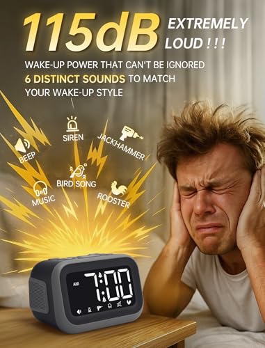 Super Loud 115dB Alarm Clock for Heavy Sleepers - Dual Alarms & LED Display