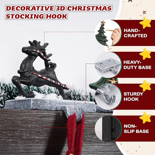 Heavy Duty Cast Iron Christmas Stocking Holders for Mantel - 3D Holiday Hooks