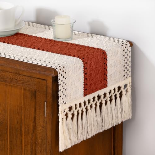 DeZerlor Boho Macrame Table Runner Terracotta Spring Easter Farmhouse Woven Table Runner with Tassels 90 Inches Ivory& Rust Cotton Linen Kitchen Table Decor for Dining Dresser Home Tea Table Decor