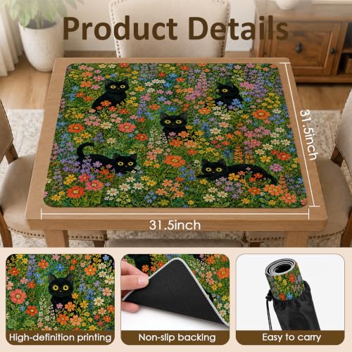 Floral Black Cat Mahjong Mat 31.5" x 31.5" - Non-Slip Noise-Reducing Cover