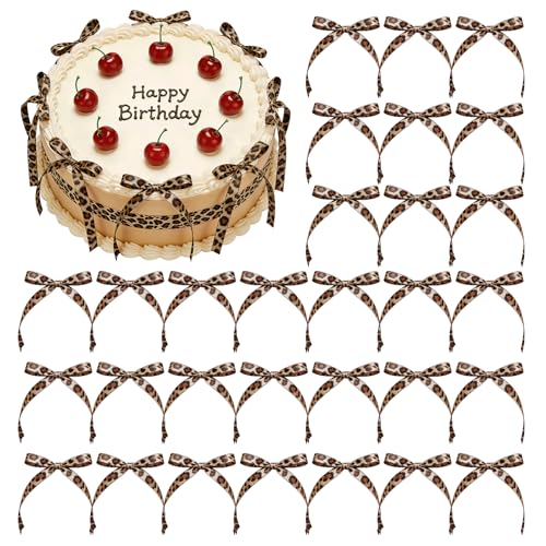 30-Pack Leopard Print Cake Bow Toppers - Reusable Ribbon Bow Cake Decorations