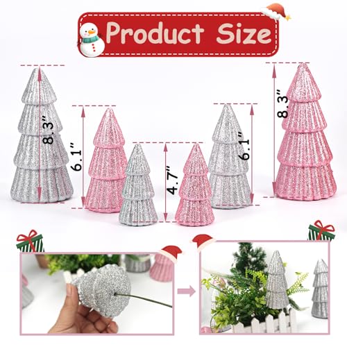 6-Piece Pink & Silver Christmas Tree Set – Tabletop Table Decor, 3 Sizes