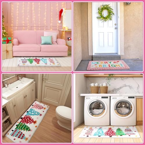 Pink Christmas Tree Bathroom Mat Set - 2 Piece Holiday Rug Decor - Christmas Tree Variation