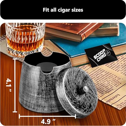 Windproof Metal Cigar Ashtray with Lid - Large Outdoor Smokeless Ash Tray