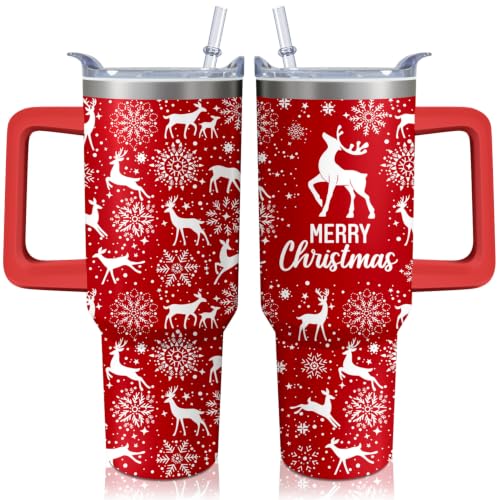 Kearscupra 40oz Reindeer & Snowflakes Tumbler with Handle & Straw – Stainless Steel Insulated Cup