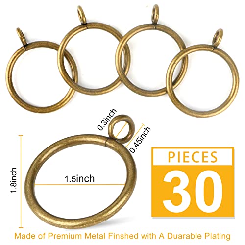 Antique Brass Curtain Rings with Eyelets - 1.5 Inch Heavy-Duty Metal - 30 Pack