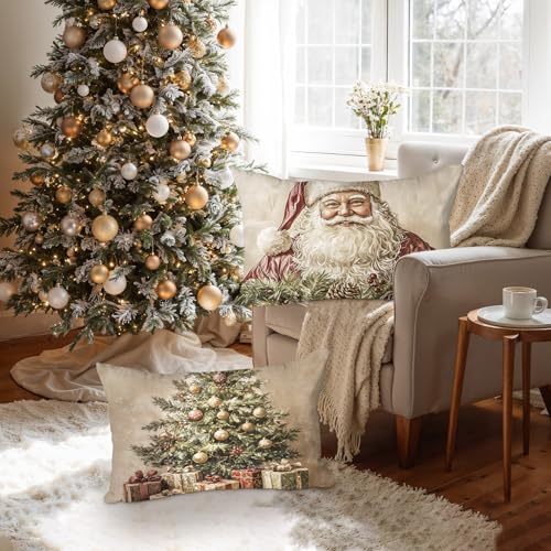 Lanpn 12x20 Christmas Throw Pillow Covers Set of 4, Santa Tree