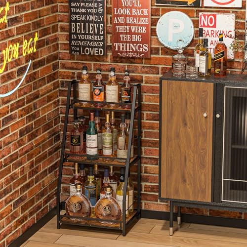 3-Tier Stepped Liquor Display Stand - Freestanding Wood & Iron Wine Rack