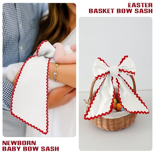 Canvas Wreath Sash for Front Door, White with Red Rick-Rack Trim
