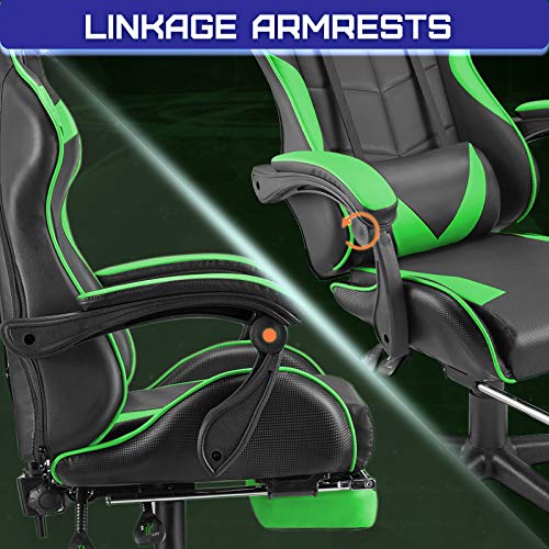 Ergonomic Gaming Chair with Footrest, Lumbar Support & Recliner, Green