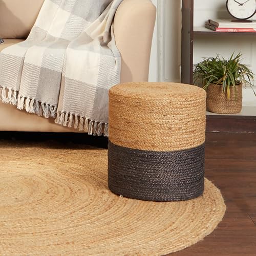 Handwoven Jute Braided Cylinder Pouf Ottoman, Gray 14.5-inch Foot Stool