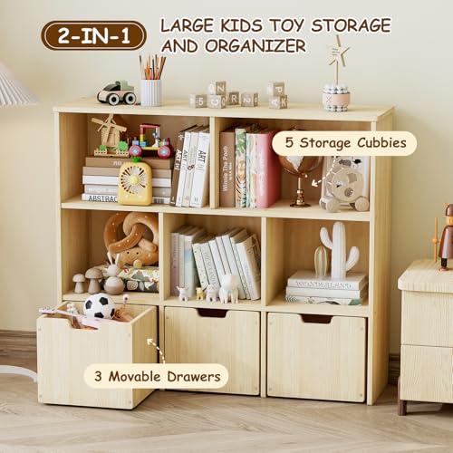 Solid Pine Wood Toy Organizer with 3 Rolling Drawers and 5 Storage Cubes