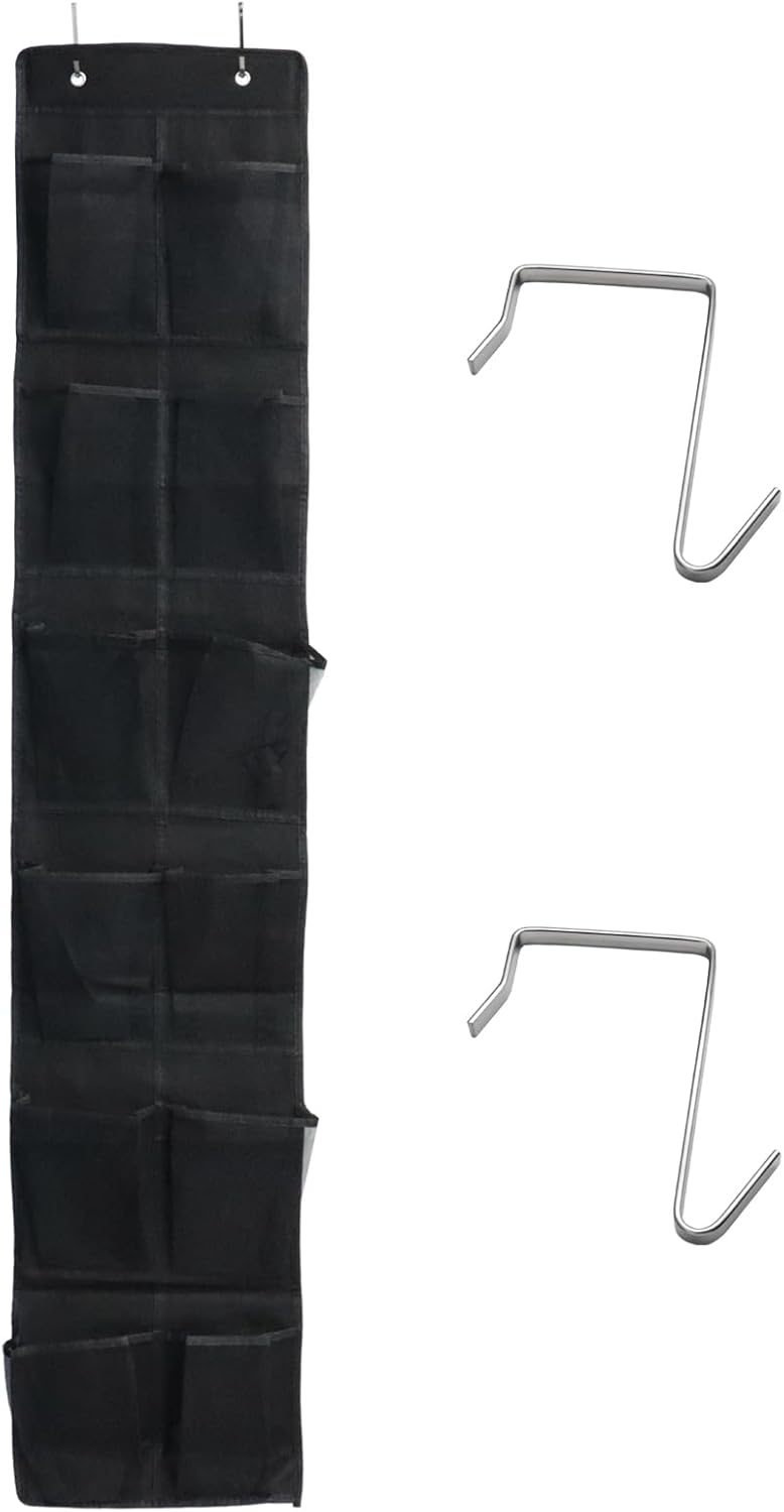 Over The Door Shoe Organizer - 12 Mesh Pockets With 4 Metal Hooks | Space-Saving Black Design