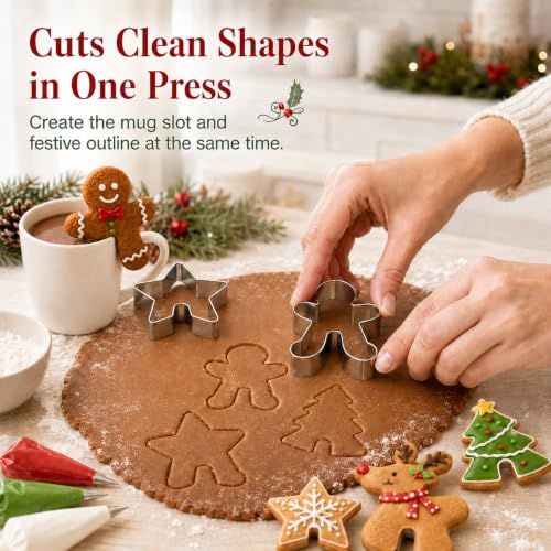 Crethinkaty 4 Pcs Christmas Stainless Steel Mug Rim Cookie Cutters – Edges Over the Edge Cup Moulds, Gingerbread Elk Tree Star