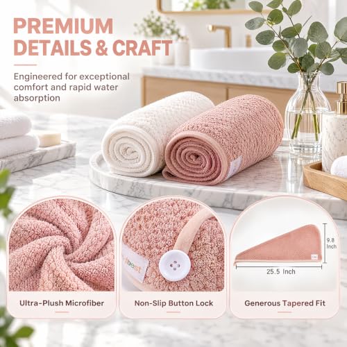 M-bestl 2 Pack Microfiber Hair Towel Wrap with Button - Pink & Beige Quick Dry