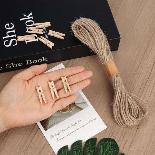 100 Pcs Mini Wooden Clothespins with Jute Twine for Photo Hanging Display