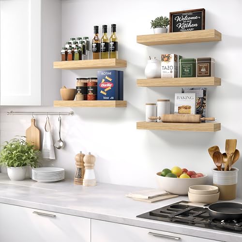 16-Inch Floating Wall Shelves with Invisible Brackets - Maple Wood, Set of 3