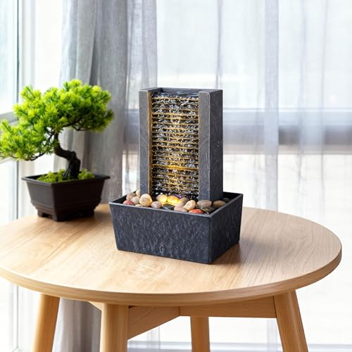 Modern Tabletop Water Fountain with Warm LED Light & Natural River Rocks