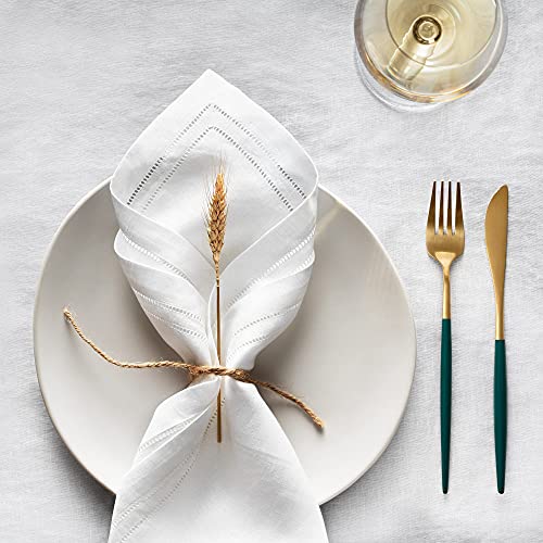 20 x 20 Inch White Linen Napkins Set of 4 Double Hemstitch - O'lucio Authentique Home