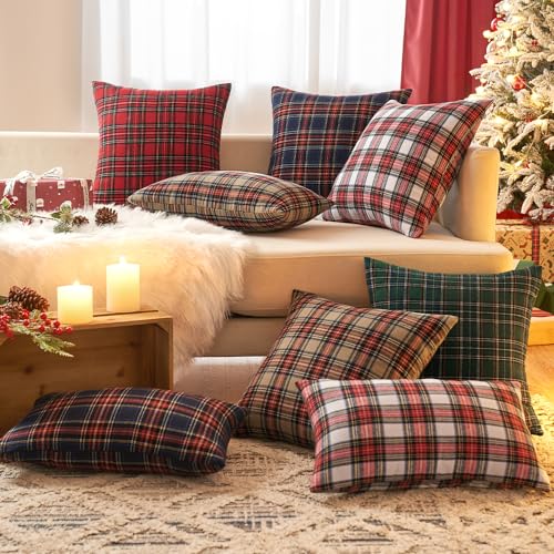 EMEMA Khaki Tartan Plaid Christmas Throw Pillow Covers 20x20 Inch Set of 2 Farmhouse Decor