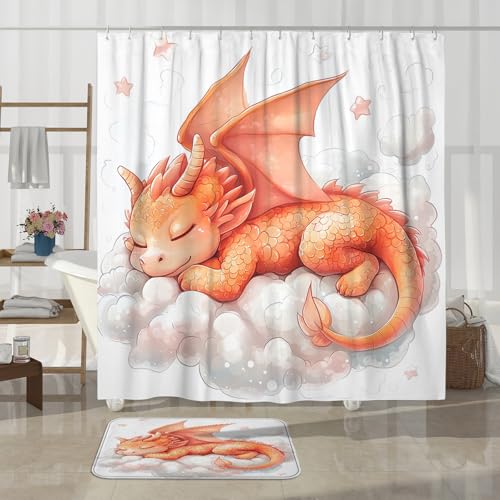 4-Piece Cute Sleeping Dragon Bathroom Set with Shower Curtain & Bath Rugs
