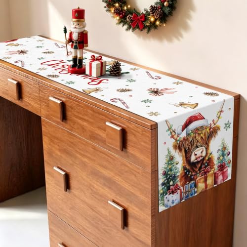 Hafangry Highland Cow Christmas Table Runner, 13 x 72in Polyester Linen-Look
