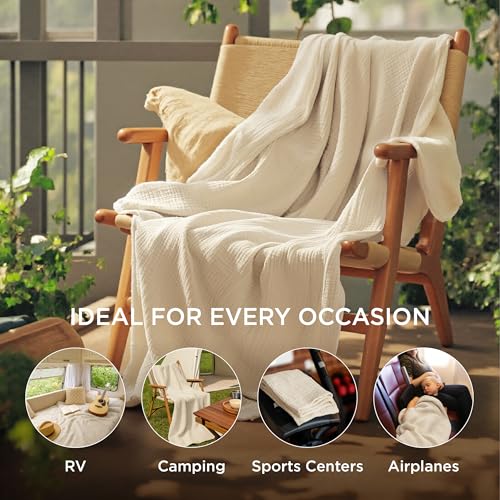 Bedsure 100% Cotton Muslin Blankets for Adults Large Throw 50x70 Inches - 4-Layer Breathable and Lightweight, Soft Boho Gauze Muslin Cotton Blanket for Couch Decor Travel Summer, Linen Beige