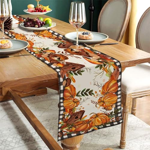 Farmhouse Thanksgiving Table Runner 13x72 Inch with Golden Leaves – Plaid Leaf Decor