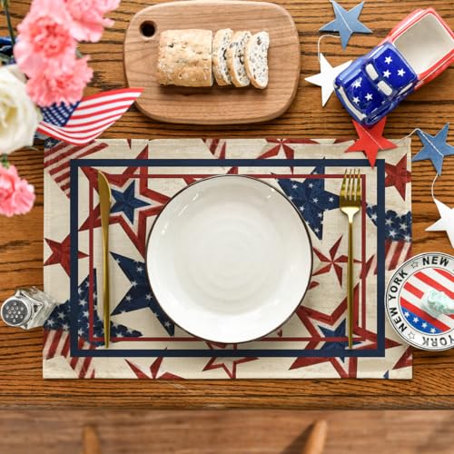 Artoid Mode Stars Stripes Patriotic 12x18 Inch Placemats Pack of 4 Beige - 4th July Memorial Day Table Mats