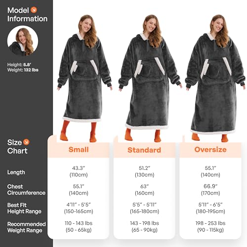 Sherpa Fleece Wearable Blanket Hoodie with Pockets - Cozy Dark Grey