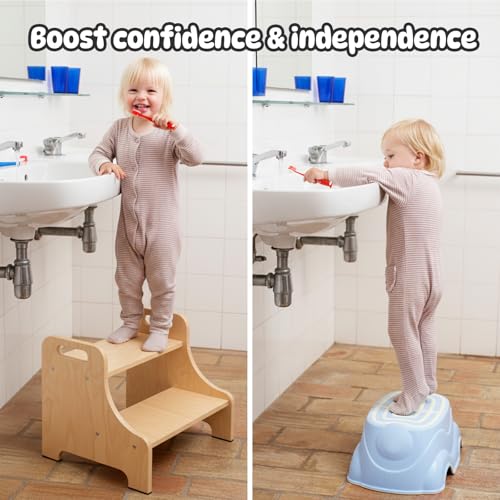 2-Step Toddler Stool with Handles - Wooden Kitchen Helper & Potty Stool