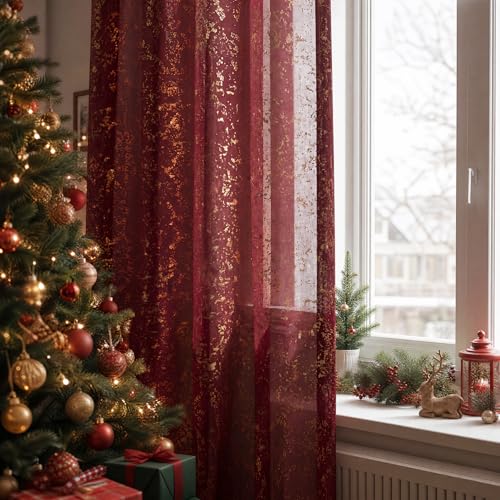Horaldaily Burgundy & Gold Christmas Sheer Curtains 52x84in Set of 2