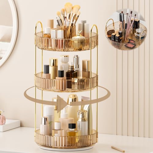 BEFSOP 3-Tier Gold Rotating Makeup Organizer with Brush Holder - Upgraded Clear Cosmetic Storage for Women