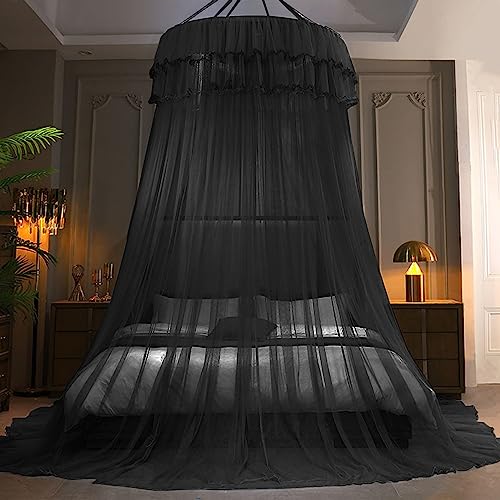 Mosquito Net Bed Canopy - Princess Dome Sheer Mesh Netting Curtain, Black