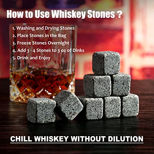EXREIZST Whiskey Stones Gift Set with 2 Glasses & Wooden Box - Granite Chilling Rocks + Straight Glasses