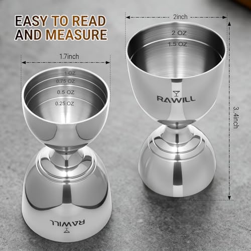 RAWILL Double Shot Jigger Set - 2 oz & 1 oz Bar Measuring Cups, Stainless Steel Barware