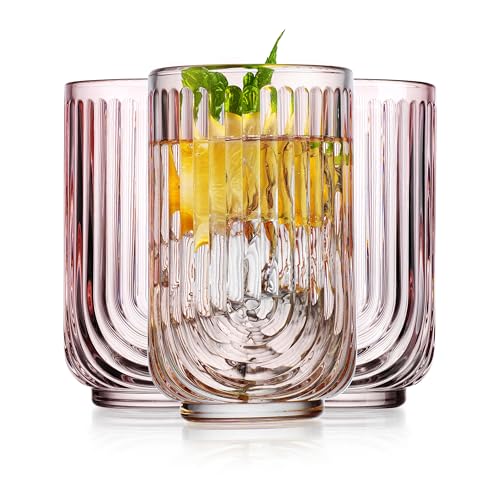 Glaver's Pink 17oz Vintage Glassware Set of 4 Art Deco Ribbed Drinking Tumblers