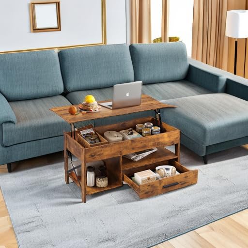 Lift Top Coffee Table with Hidden Storage and Drawer, Modern Farmhouse Wood