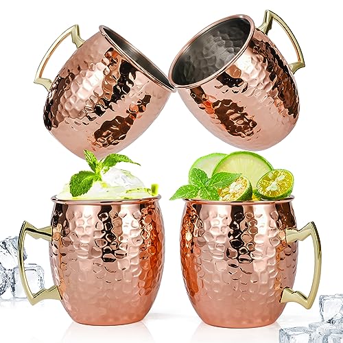 Hammered Copper Moscow Mule Mugs - 16oz Stainless Steel Set of 4