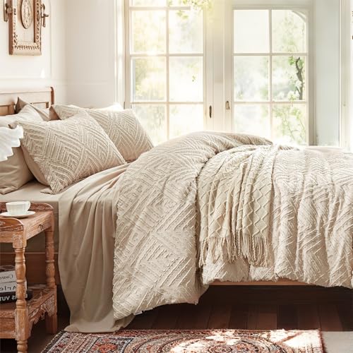 Boho Tufted Queen Comforter Set - 7-Piece Beige All-Season Bed in a Bag