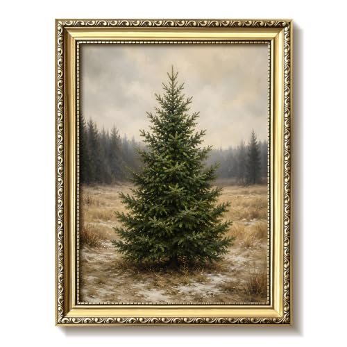 A-Tree Framed 10x8 Vintage Gold Christmas Tree Wall Art — Rustic Winter Canvas Print