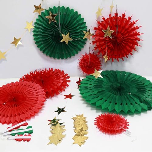 Decor365 Christmas Red Green Gold Star Garlands & Fans Holiday Party Decor