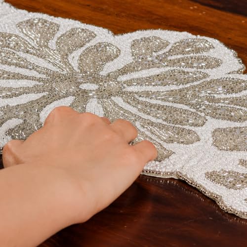 Handmade Beaded Table Runner, 13 x 36 in, Silver & White – Alpha Living Home