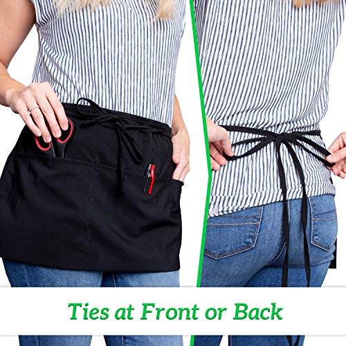 12-Pack Black Waist Aprons with 3 Pockets - Durable Server Half Apron