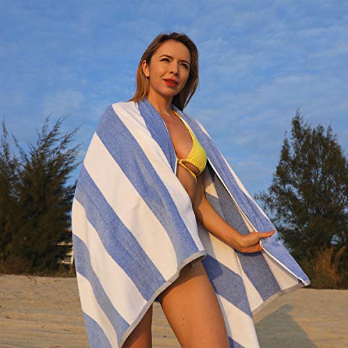 HENBAY Oversized Cotton Beach Towel - 70x35 Blue Striped Cabana Towel