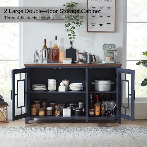 55-Inch Farmhouse Sideboard Buffet Cabinet with 3 Glass Doors, Navy Blue