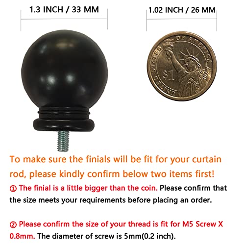 4 Pcs Curtain Rod Finials, Ball Shape Ends for 5/8 Inch Rods, Black