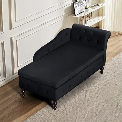Velvet Chaise Lounge with Storage and Right Armrest, Black Tufted Sofa