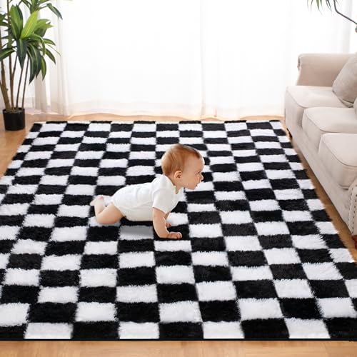 5x7 Ft Checkered Shaggy Area Rug, Soft Fluffy Non-Slip Carpet for Bedroom