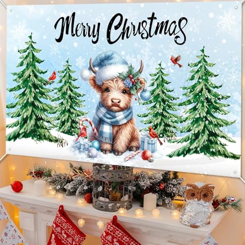 Nezfor Christmas Banner 44x72in Highland Cow Pine Tree Decor for Parties